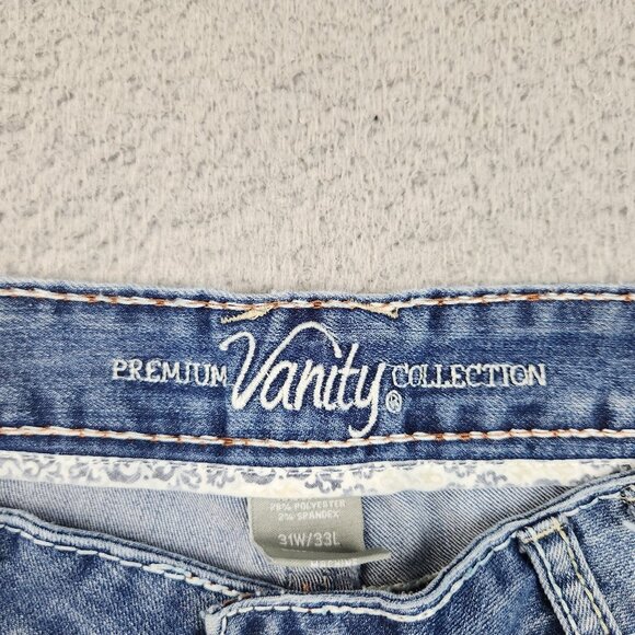 Y2K Vanity Jeans Womens 31x33 Blue Flared Low Rise Whiskered Fleur De Lis Pocket - Picture 10 of 12